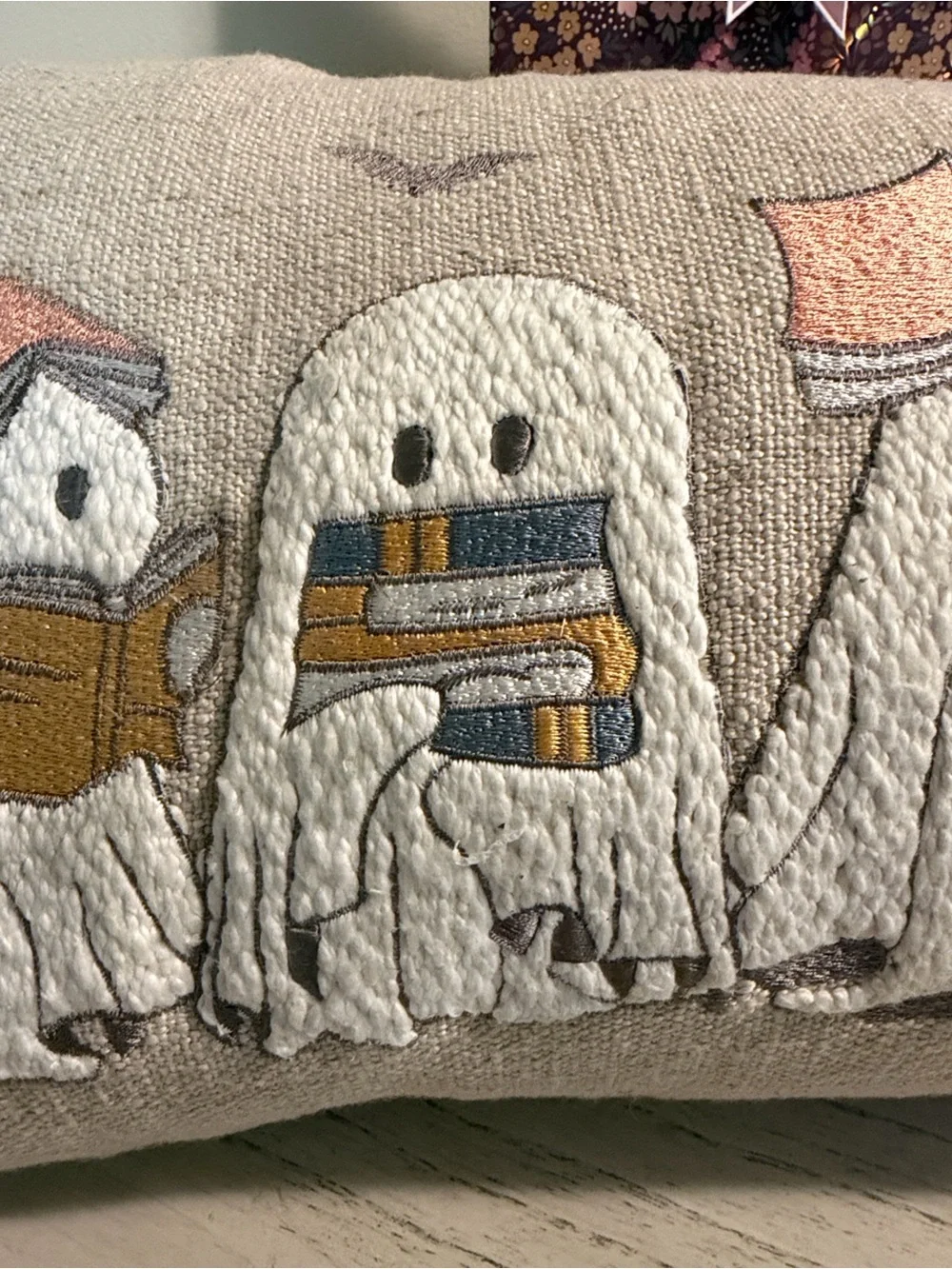 Halloween Ghosts Decorative Pillow - Neutral Beige with Orange & Black Accents